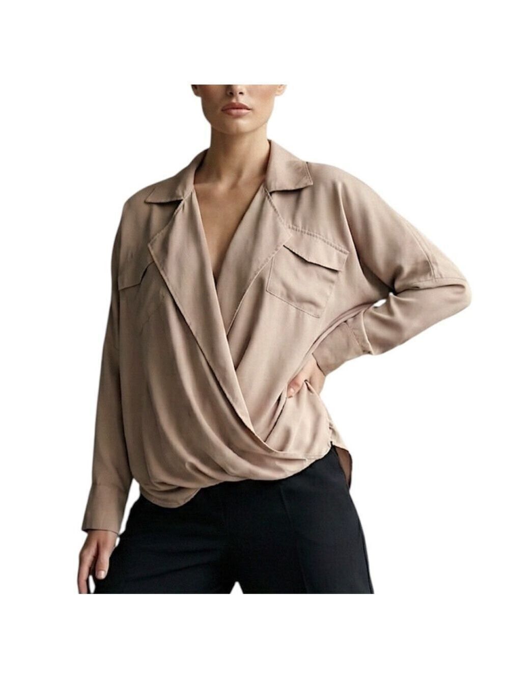 Simons TWIK muted blush brown flowy draped gathered hem long sleeve blouse M